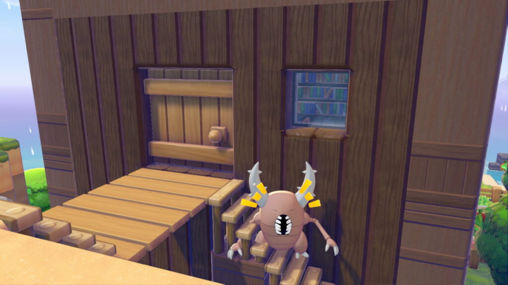 Pokemon Pokopia Withered Wasteland custom build log cabin tunnel through cliff wood feat. Pinsir