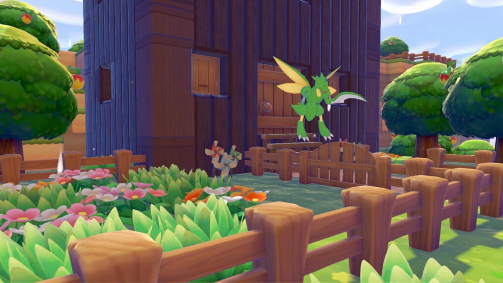 Pokemon Pokopia Withered Wasteland custom build log cabin tunnel through cliff wood feat. Scyther