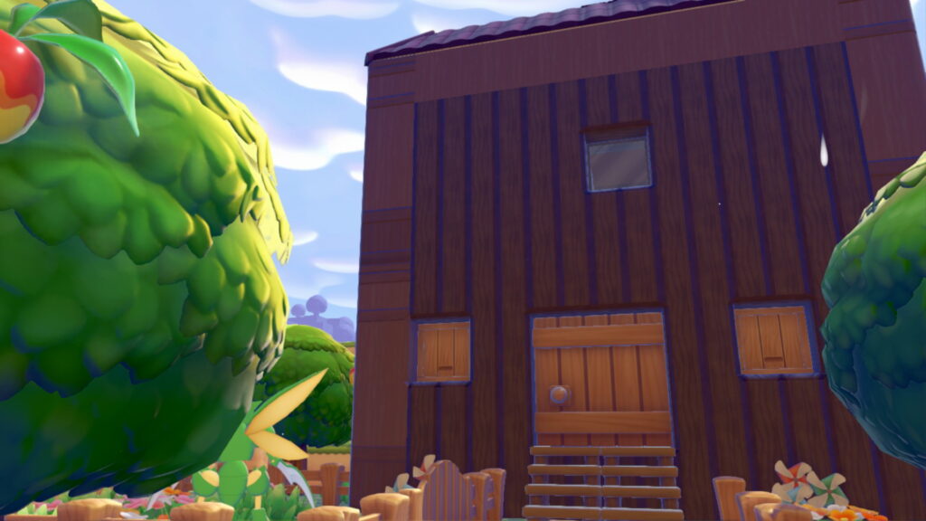 Pokemon Pokopia Withered Wasteland custom build log cabin tunnel through cliff wood feat. Scyther