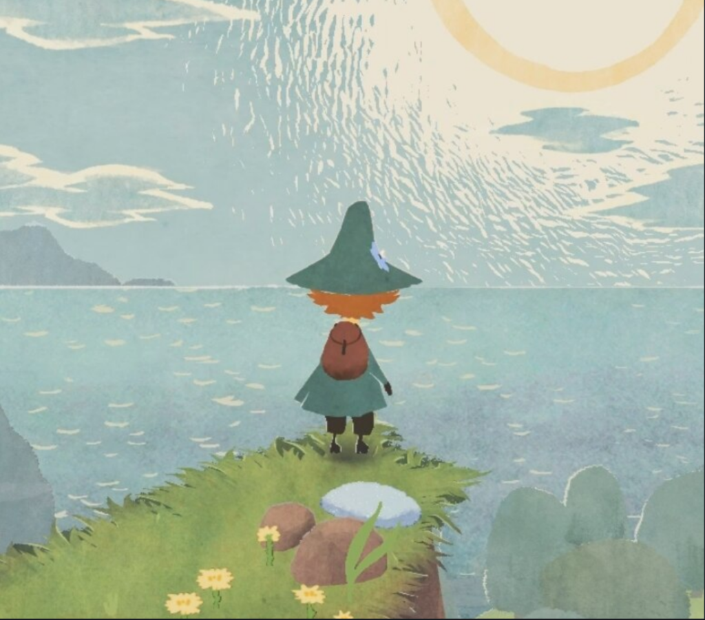 Screenshot from "Snufkin: Melody of Moominvalley"; Snufkin looks over the sea