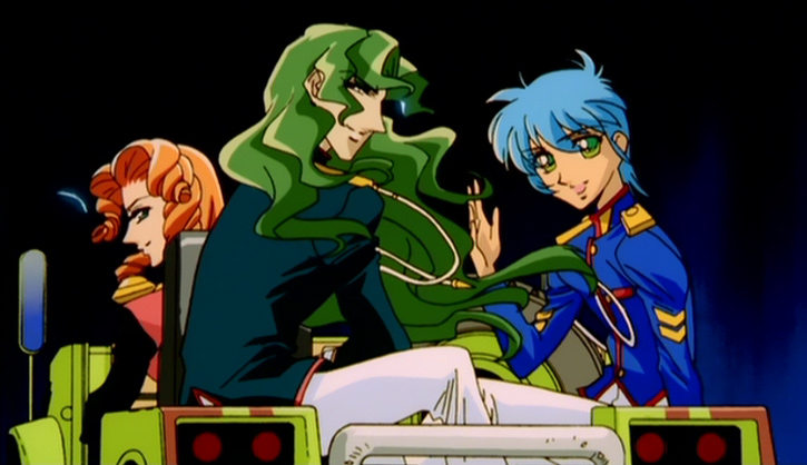 Screenshot from the Adolescence of Utena movie - Juri, Saionji, Miki, and Wakaba (as the car) come to help Anthy escape from the locust cars.